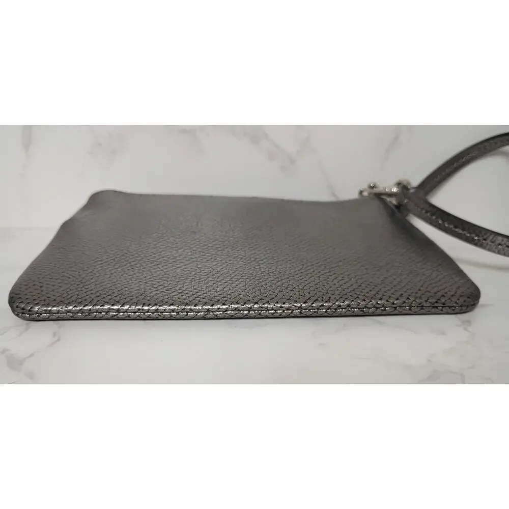 COACH Metallic Gunmetal Silver Leather Turnlock Bow Wristlet - NWT